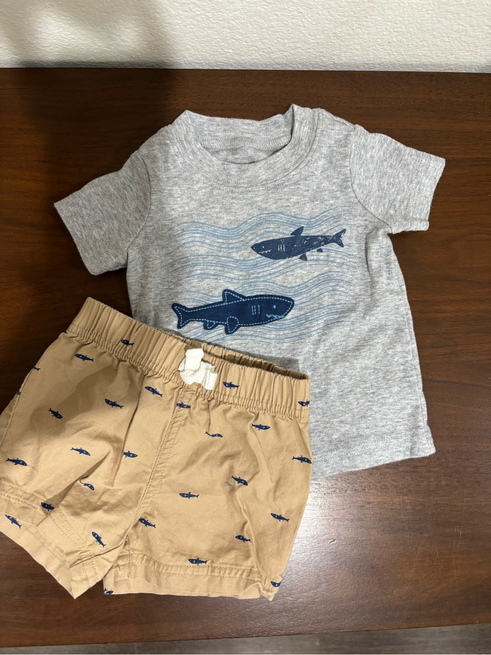 Carter's Gray Tee with Blue Shark Graphic and Tan Shark Print Shorts